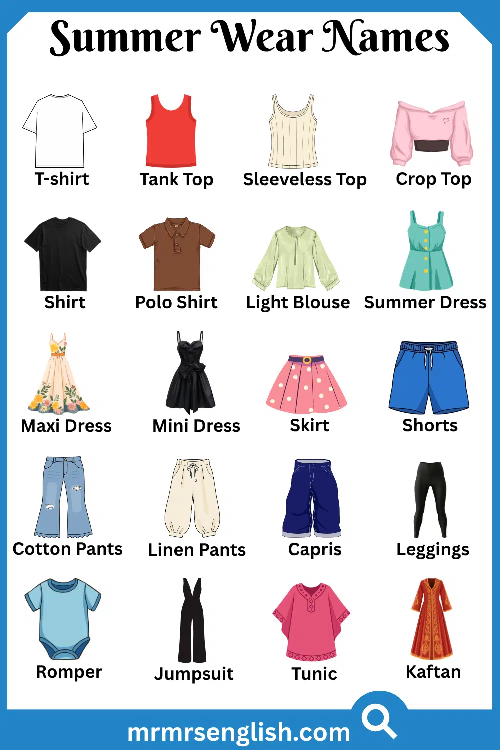 Common Names of Summer Wear in English with Pictures