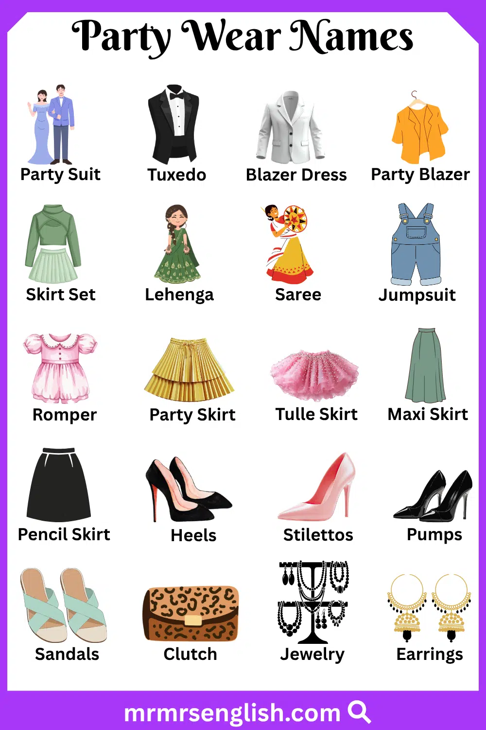 Types of Party Wear in English with Pictures