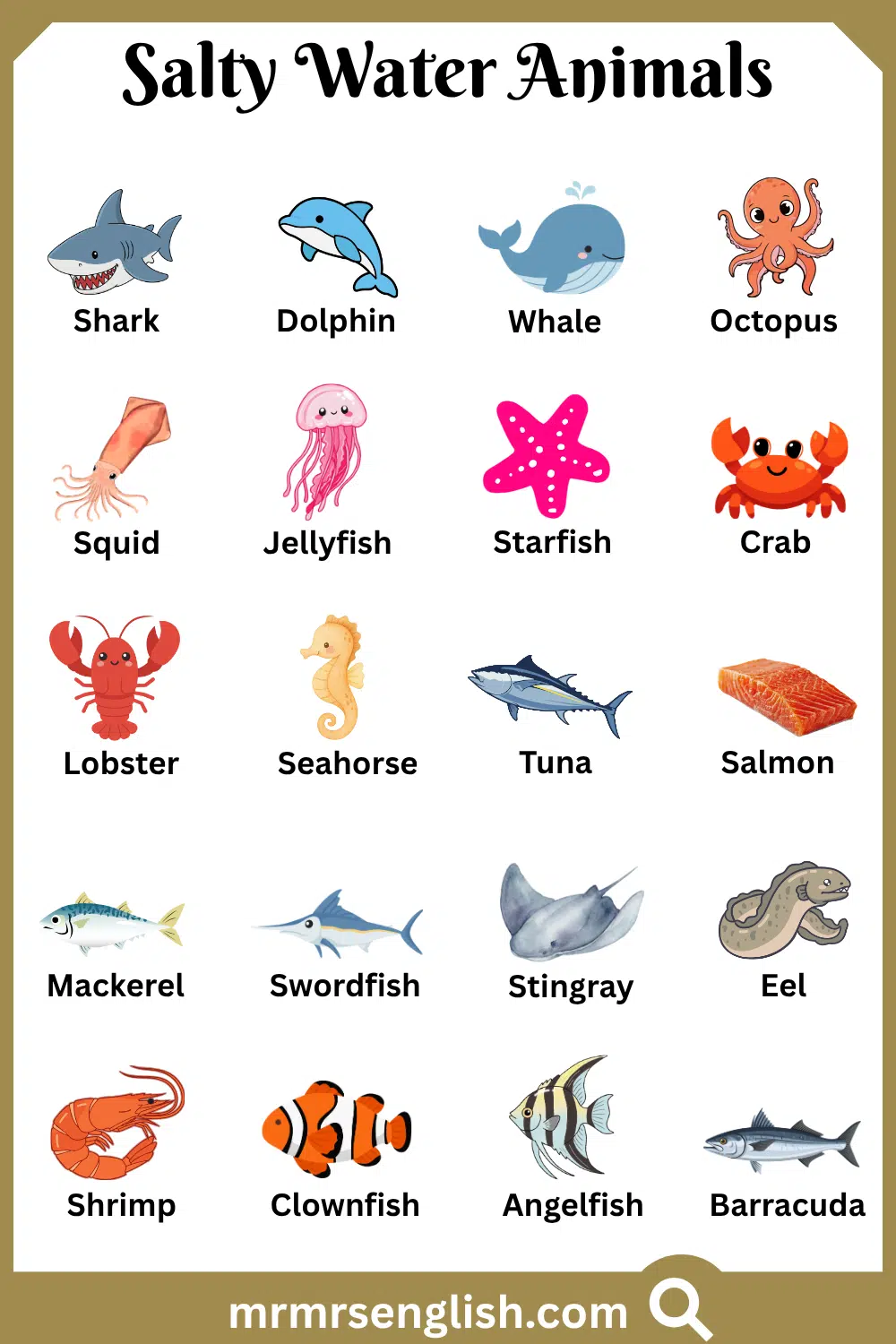 Common Names of Salty Water Animals in English with Pictures