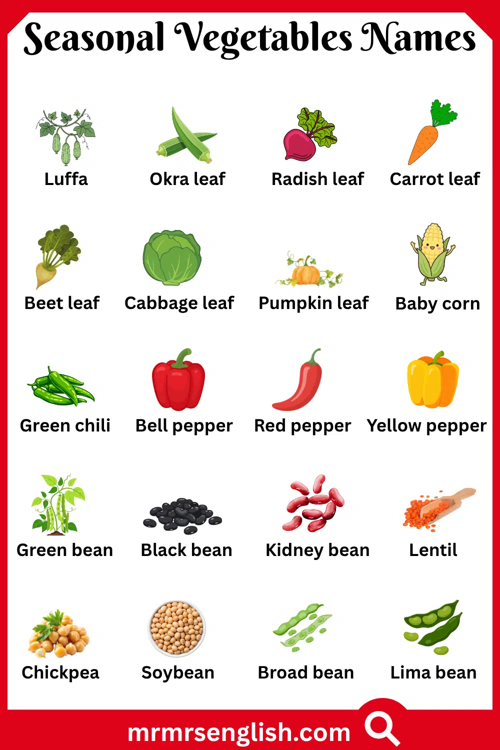 Common Names of Seasonal Vegetables with Pictures