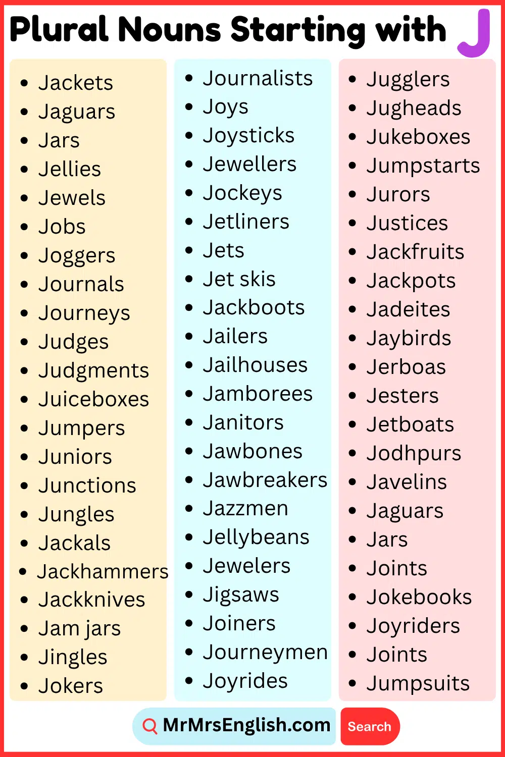 Common Plural Nouns That Start With J