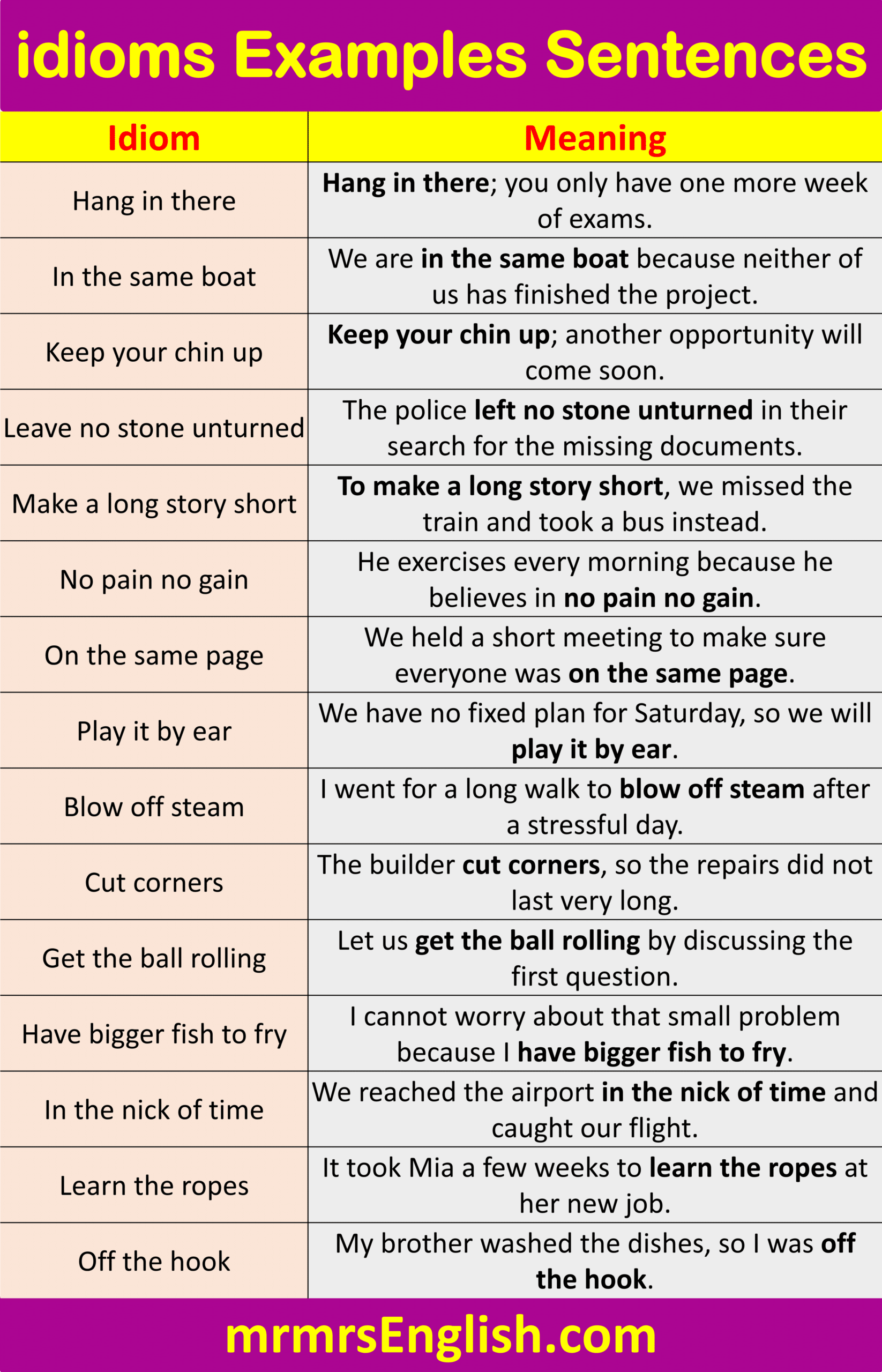Essential Idioms Examples Sentences for Students