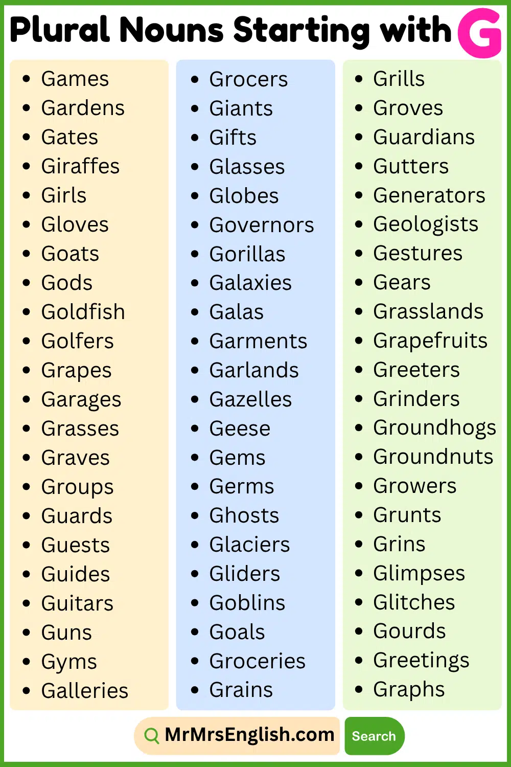 Helpful Plural Nouns That Start With G