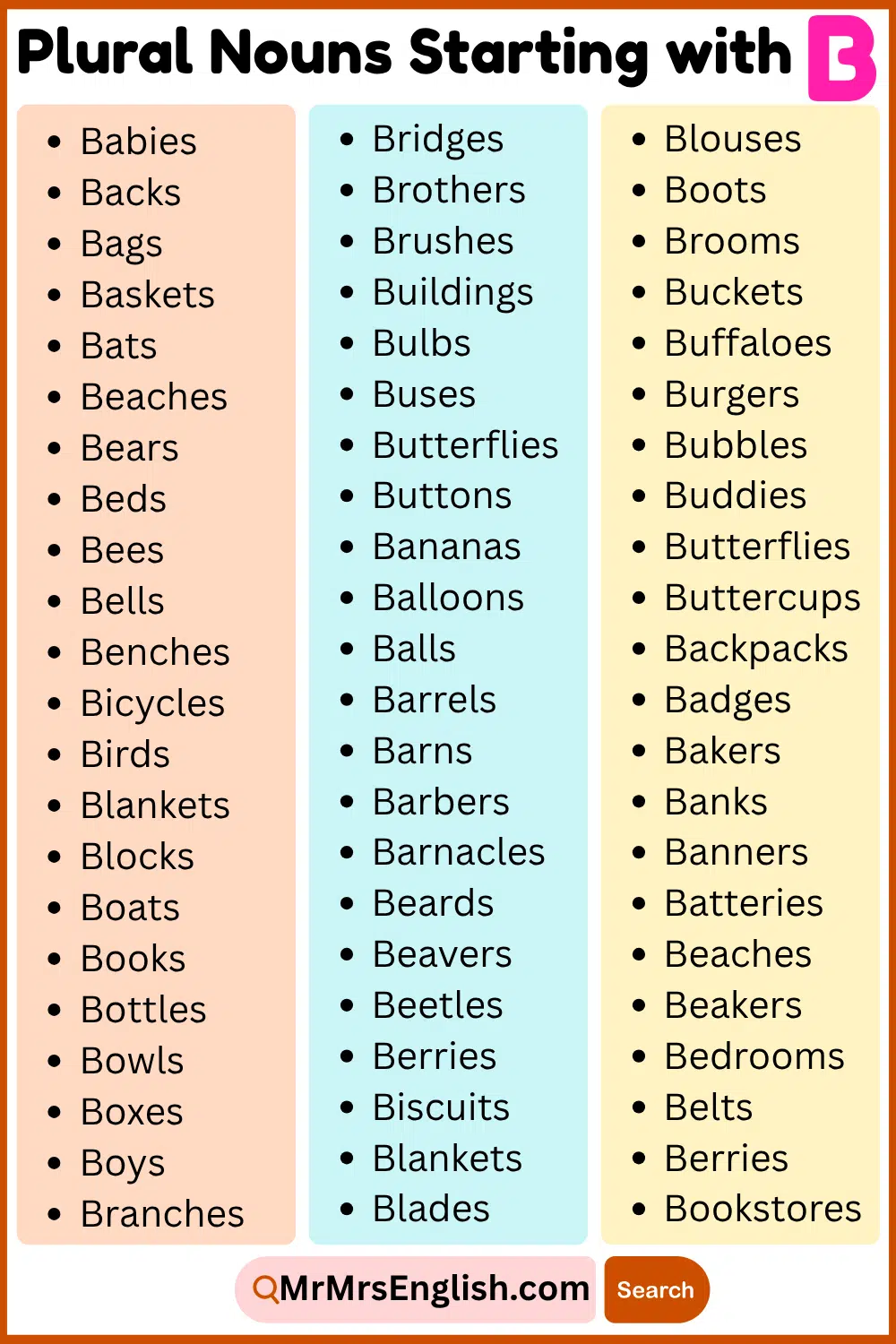 Master Plural Nouns List That Start With B