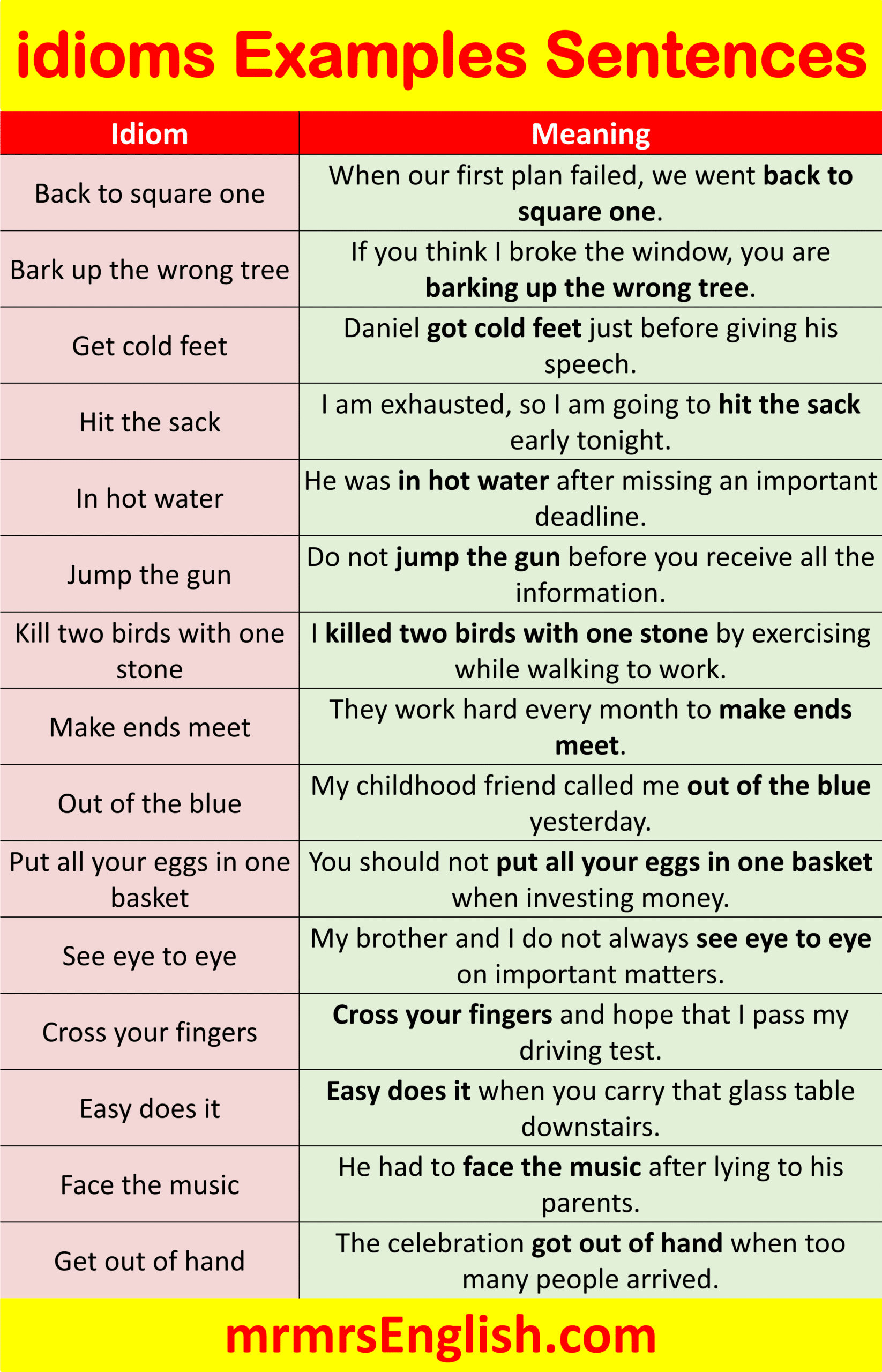 Most Common Idioms Example Sentences