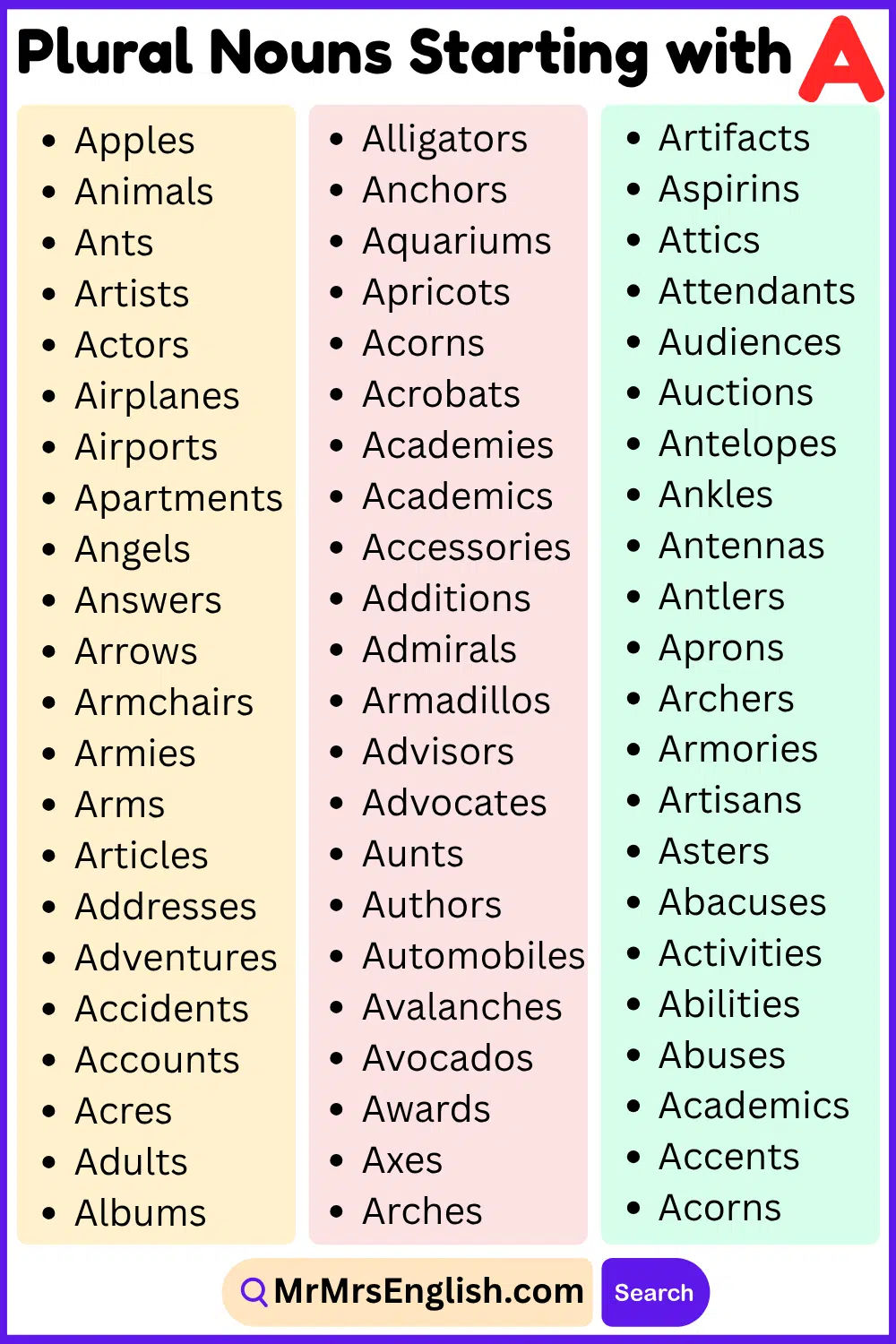 Plural Nouns List That Start With A