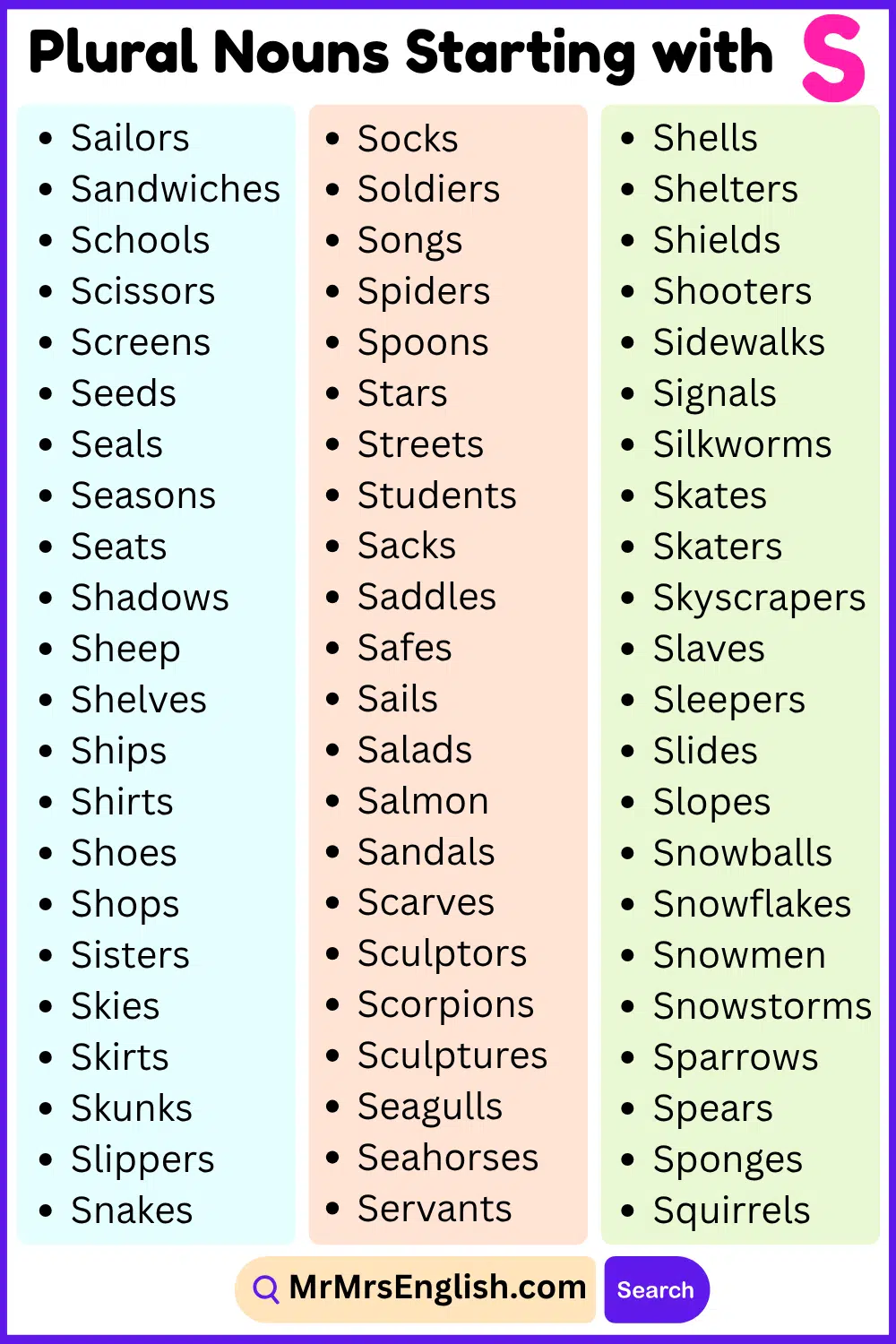 Plural Nouns list starting with S