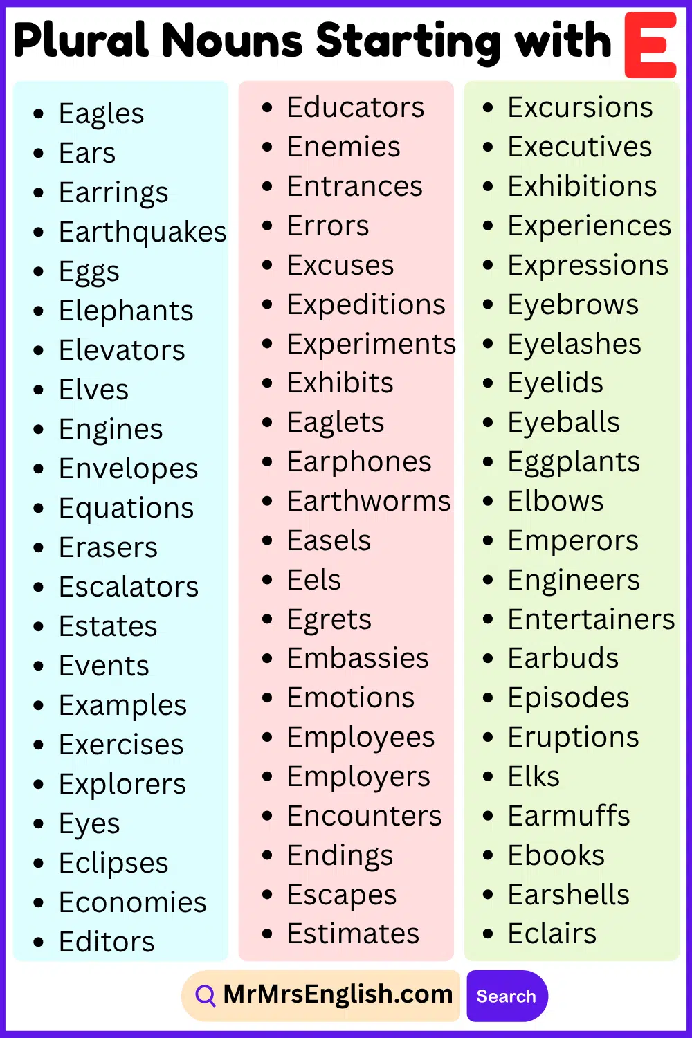 Popular Plural Nouns List That Start With E