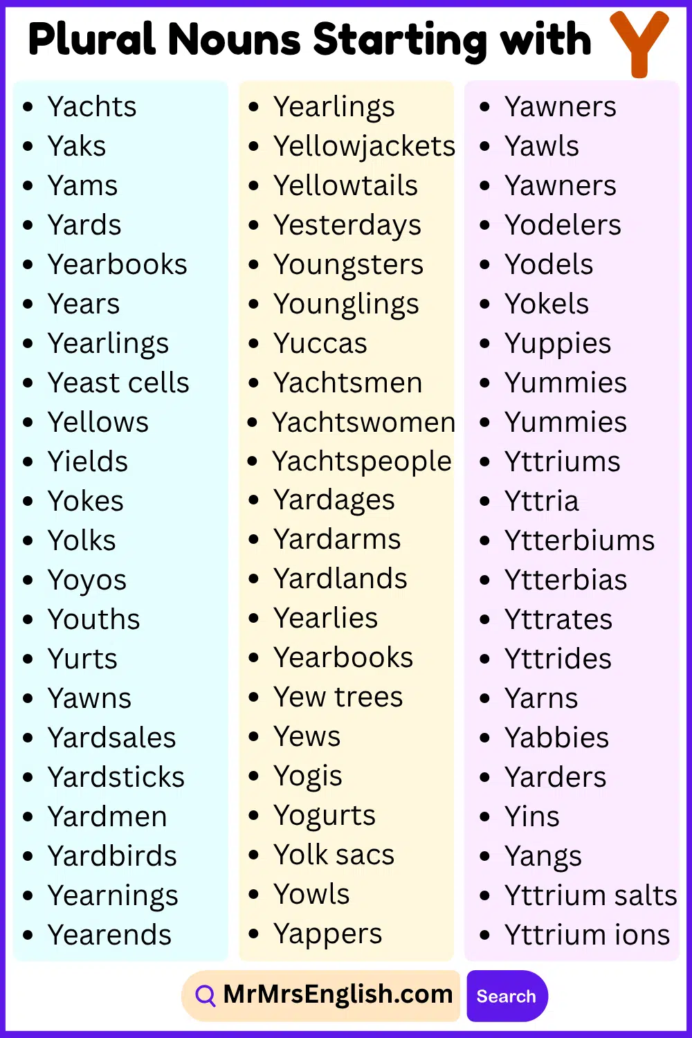 Y list of Plural Nouns