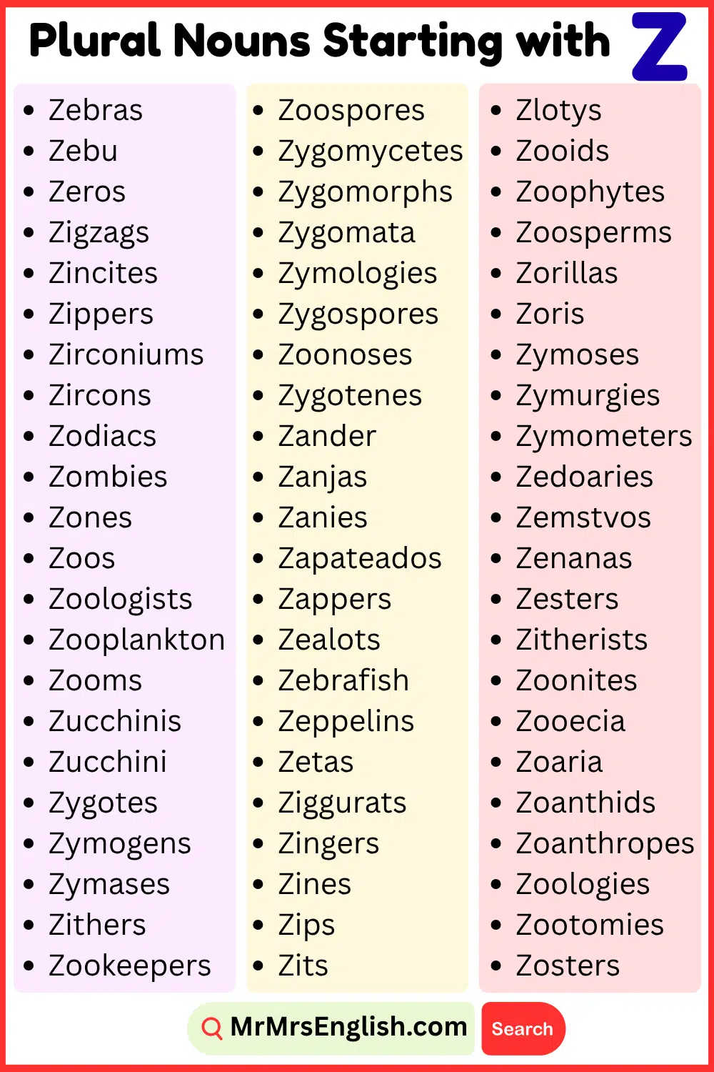 Z List Plural Nouns in English