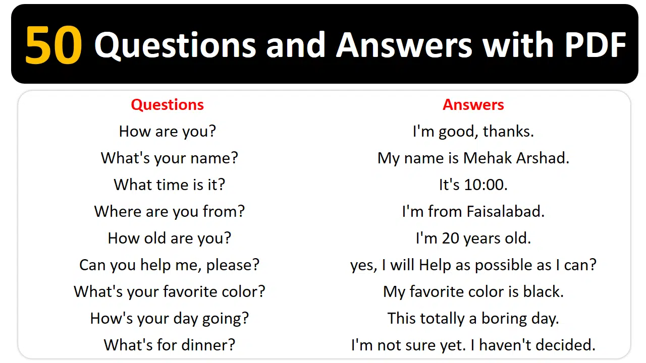 50 Sentences for Questions and Answers in English with pdf Book