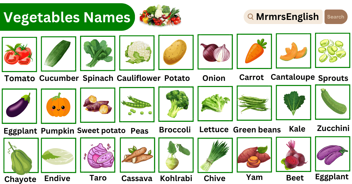 Vegetables Names Vocabulary Words with Pictures - MR MRS ENGLISH