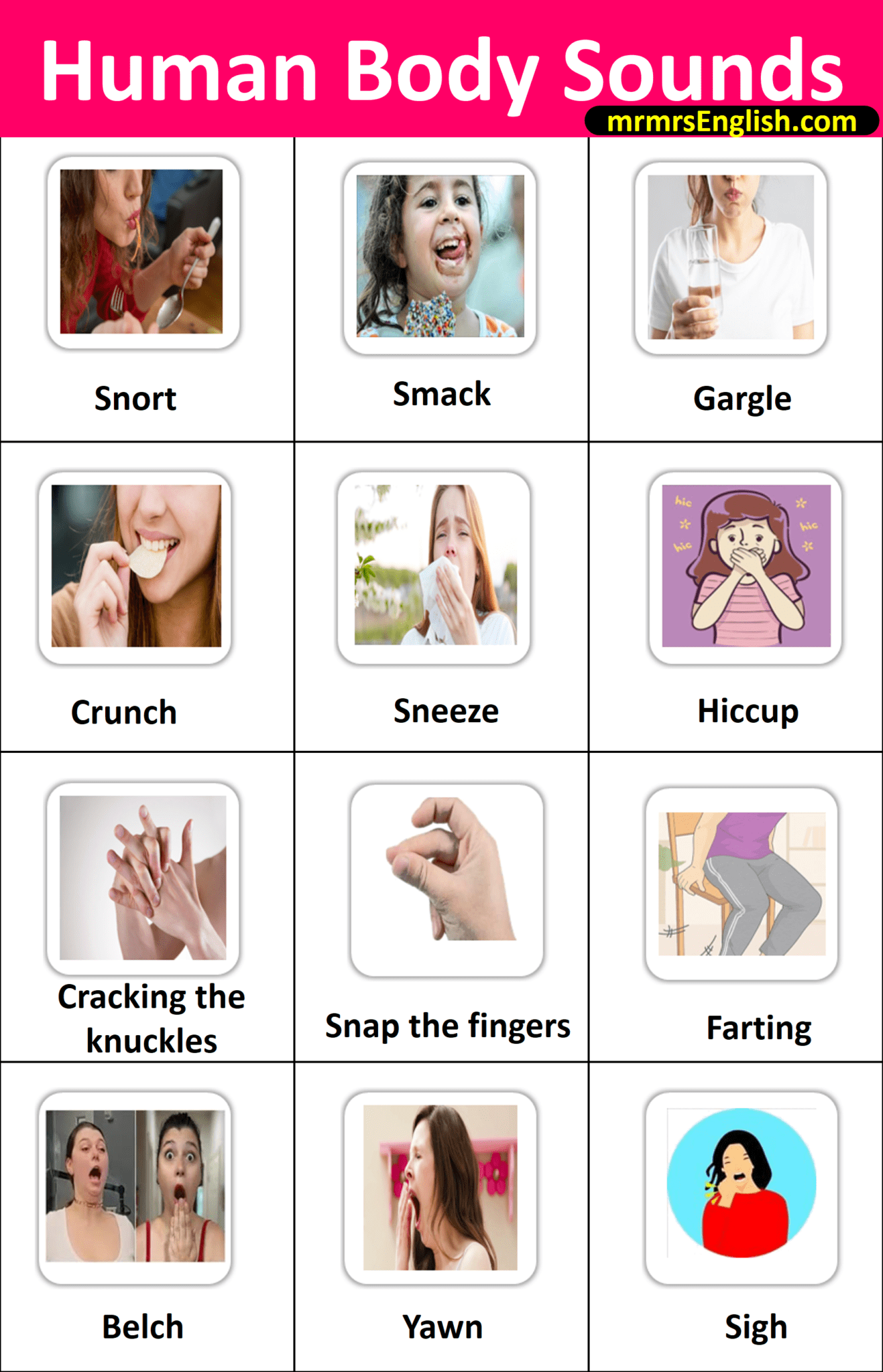 Sounds Humans Make Human Body Sounds Names in English with Images - MR MRS ENGLISH