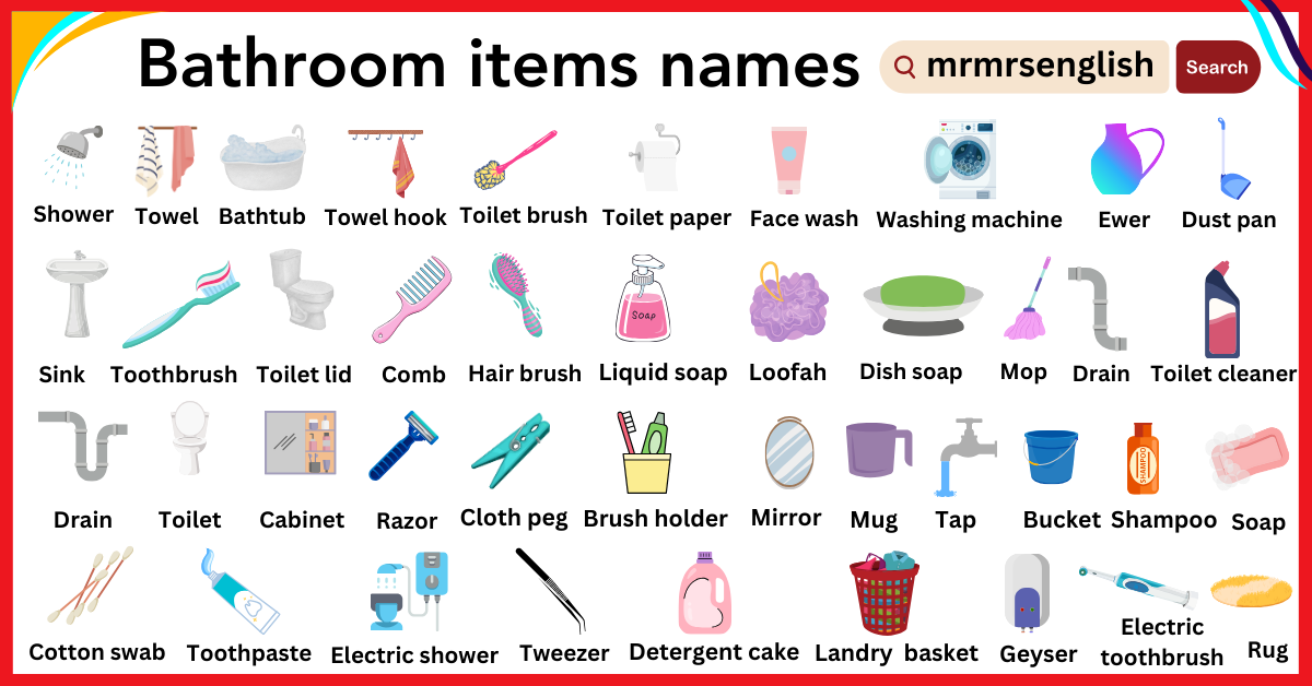 Bathroom items names in English with Pictures - MR MRS ENGLISH