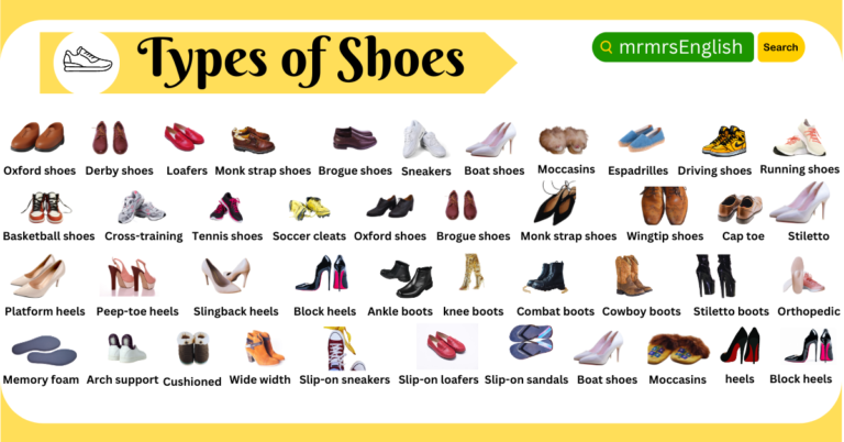 Types of Shoes Names in English with images - MR MRS ENGLISH