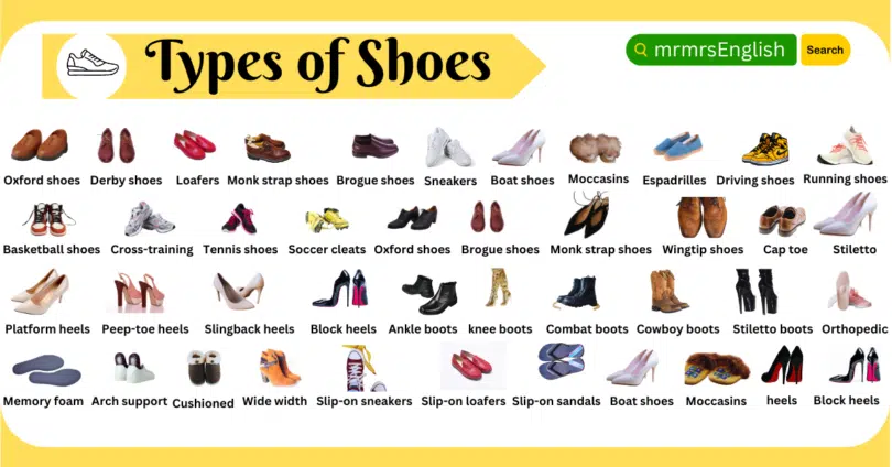 Types of Shoes Names in English with images