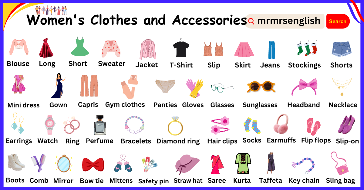 Women's Clothes and Accessories Names with Pictures - MR MRS ENGLISH