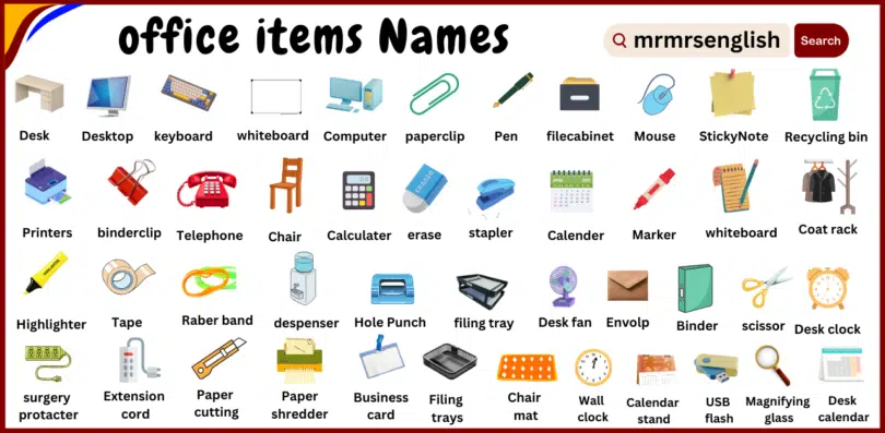 Names of office items Vocabulary with Pictures in English