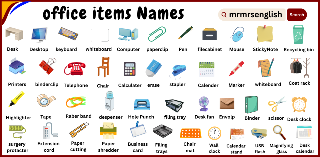 Names of office items Vocabulary with Pictures in English - MR MRS ENGLISH