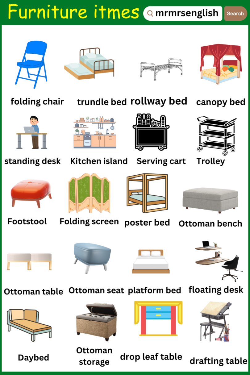 Types of furniture items names Vocabulary and images - MR MRS ENGLISH