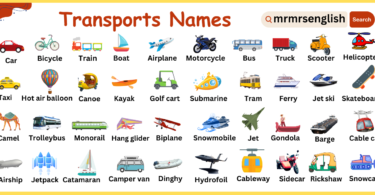 Types of Transports Names vocabulary in English with Images