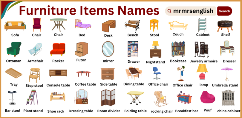 Types of furniture items names Vocabulary and images