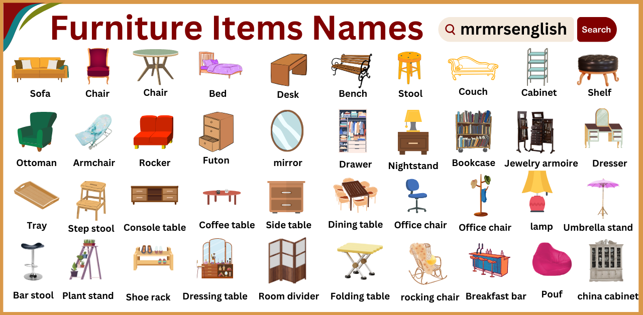 Types of furniture items names Vocabulary and images - MR MRS ENGLISH