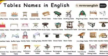 Different types of tables names vocabulary and their pictures