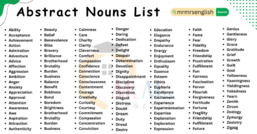 Abstract Nouns List From A to Z - 500 Abstract nouns in English