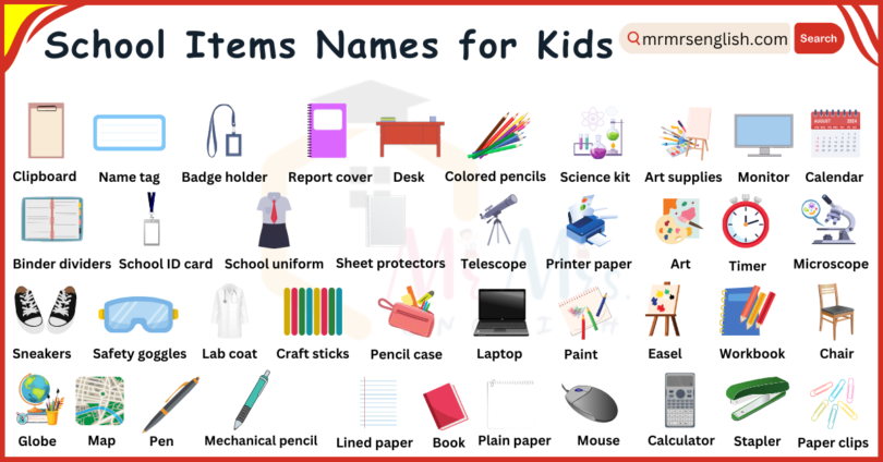 School Items Names for Kids in English