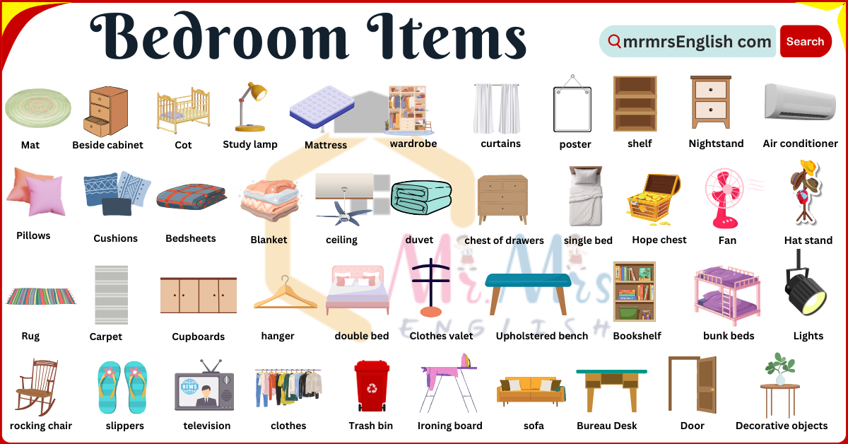 Bedroom Items Names in English and Pictures - MR MRS ENGLISH