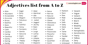 Adjectives list from A to Z | 500 Daily use of Adjectives in English