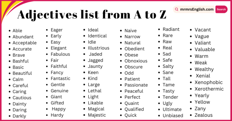 Adjectives list from A to Z | 500 Daily use of Adjectives in English