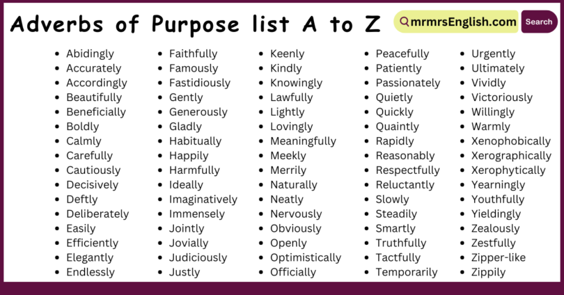 Adverbs of Purpose list A to Z | 500+ Adverbs of Purpose