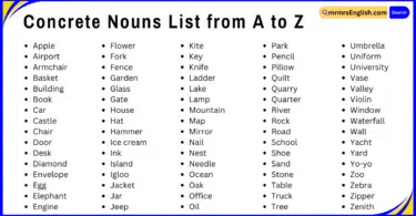 Concrete Nouns list from A to Z in English with Pictures