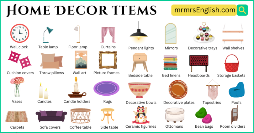 Home Decor Items names in English and Pictures