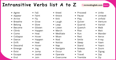 Intransitive Verbs list A to Z in English