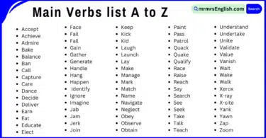 Main Verbs list A to Z in English | List of 500 Main Verbs