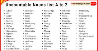 Uncountable Nouns List from A to Z in English with Pictures