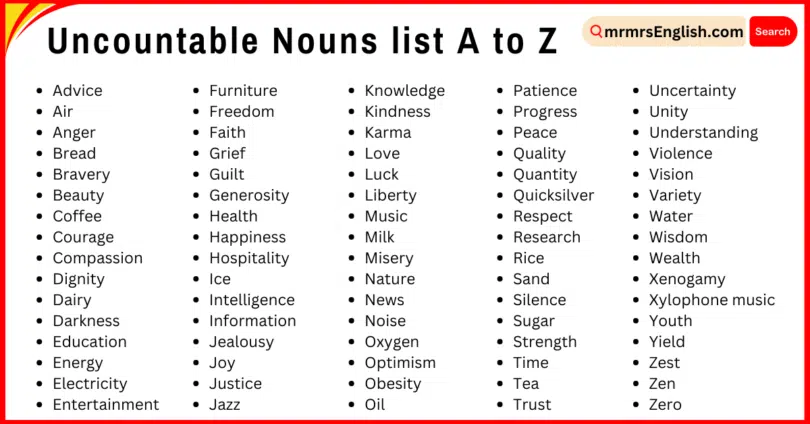 Uncountable Nouns List from A to Z in English with Pictures