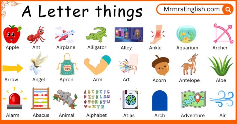 A Letter things in English for kids and Their Pictures