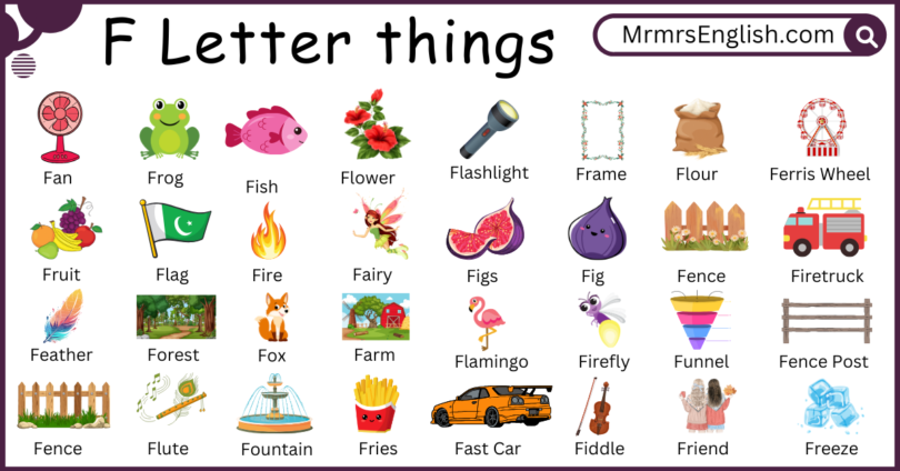 F letter Things in English and Pictures for kids