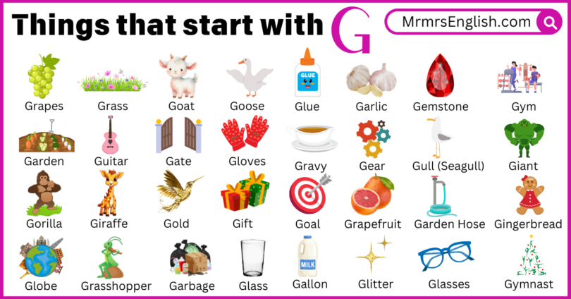 G letter Things names for kids with Their Pictures