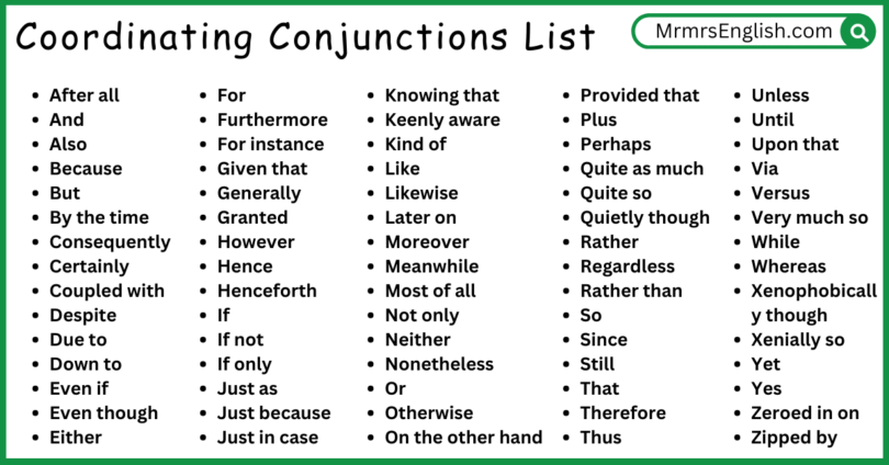 500 Coordinating Conjunctions List from A to Z in English