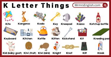 K letter Things Pictures and Names in English for kids