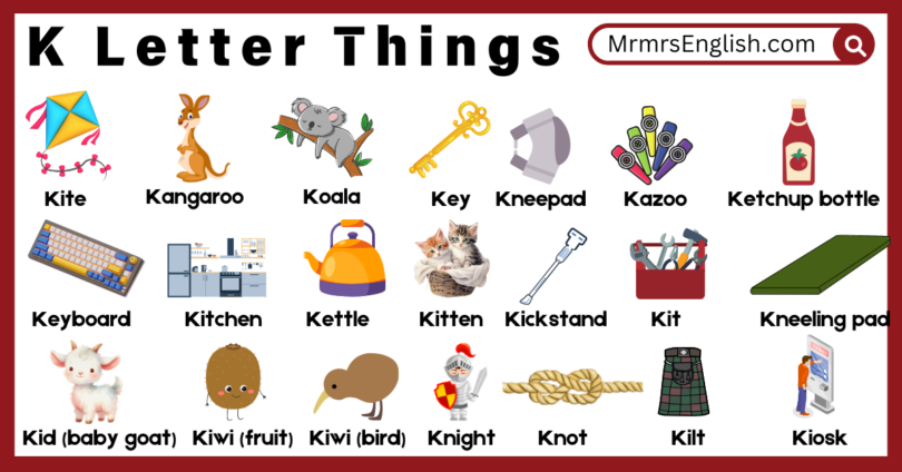 K letter Things Pictures and Names in English for kids