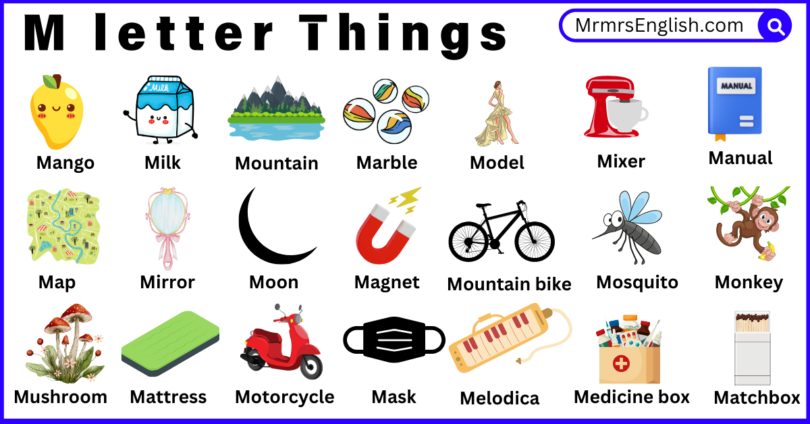 M letter things for Kids in English with Their Pictures