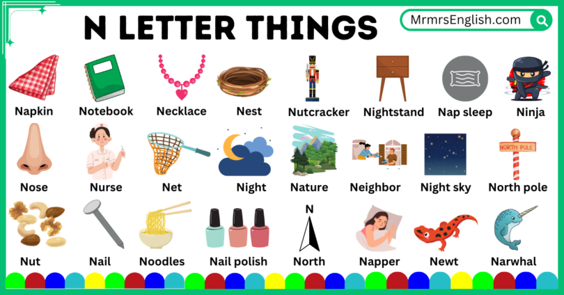 N letter things names and Their Pictures for Kids