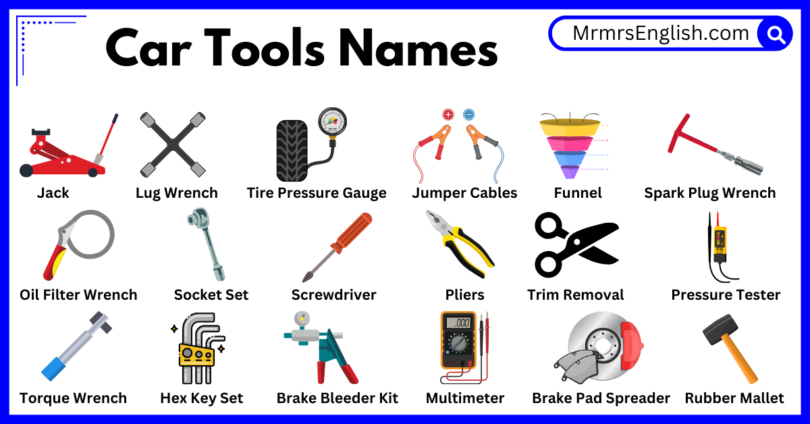 Car Tools Names in English with Their Pictures