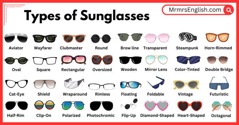 Types of Sunglasses Names in English with Pictures